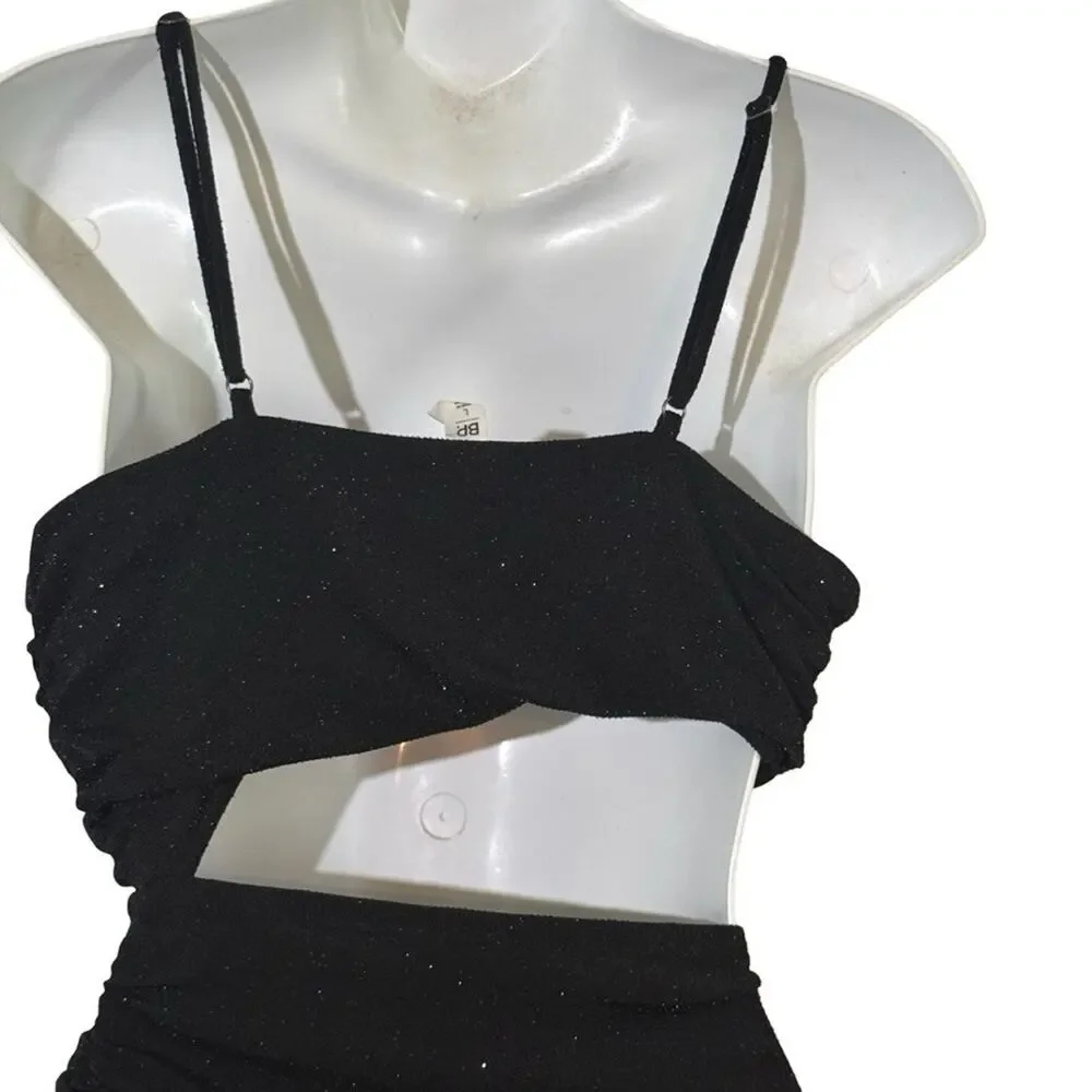 BP Little Black Dress Bodycon Mini Slip Dress Cut Out Waist Stretch Glitter sz L